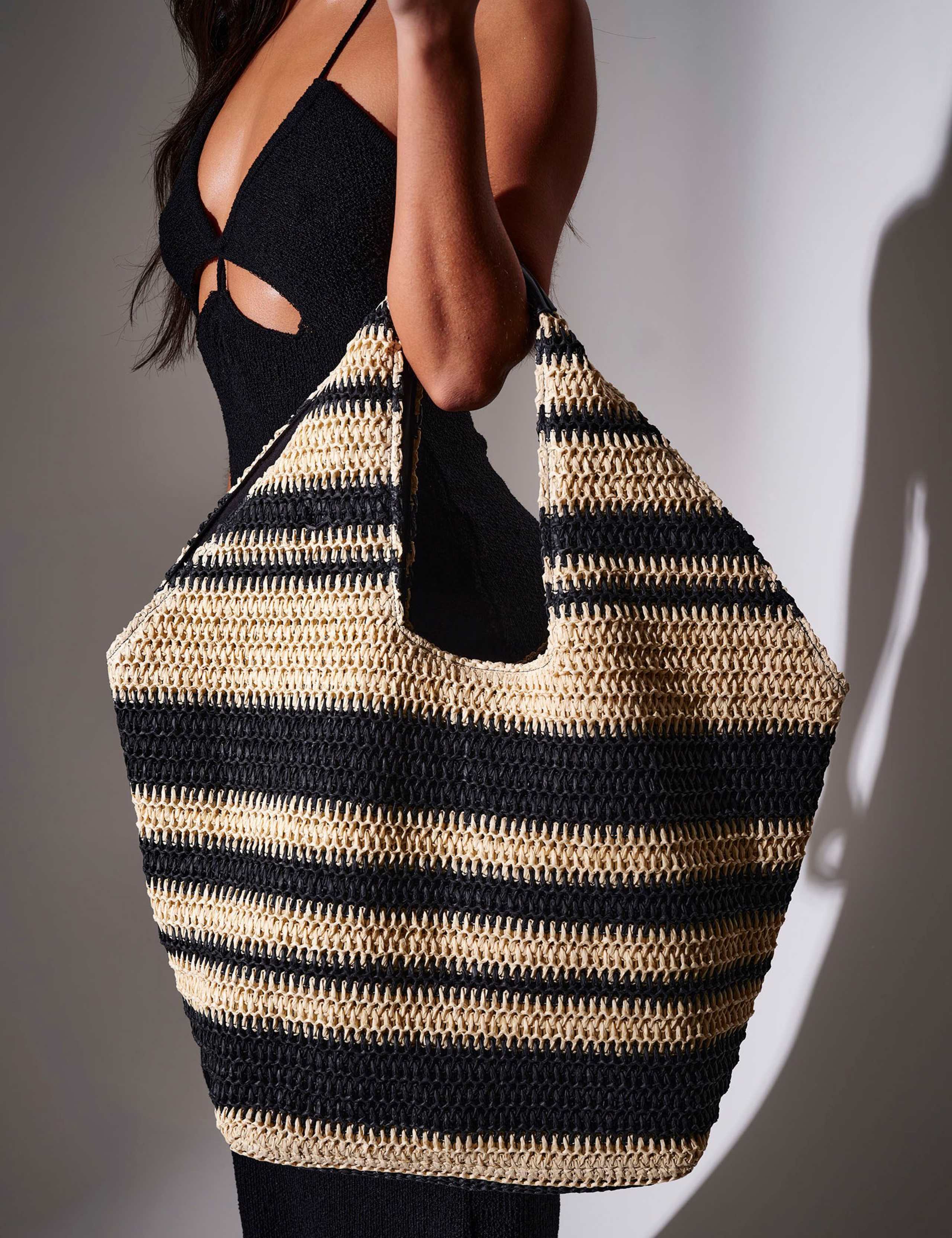 South Beach straw woven striped tote bag, imported from the UK
