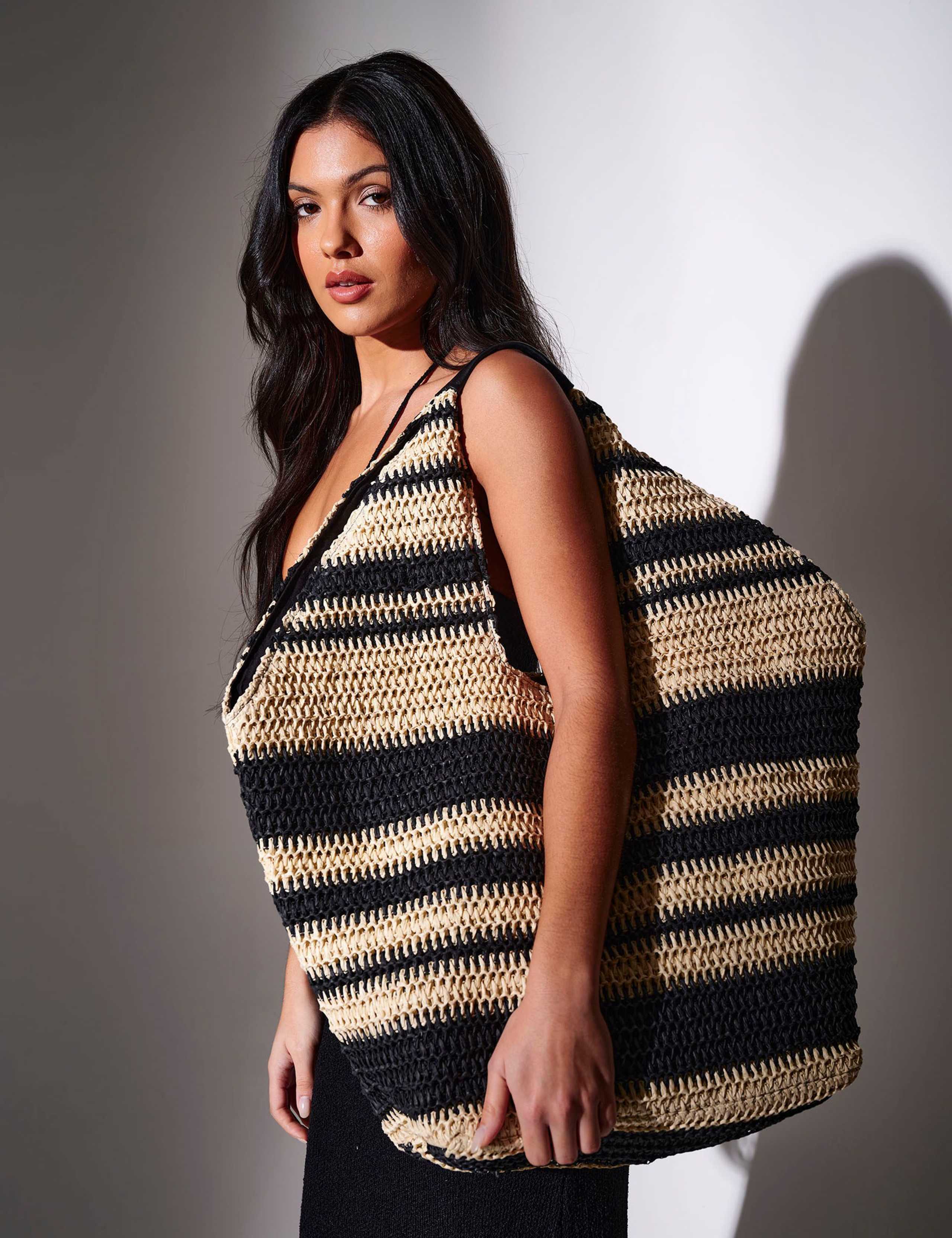 South Beach straw woven striped tote bag, imported from the UK