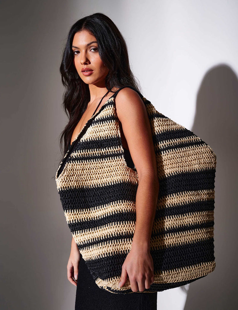 South Beach straw woven striped tote bag, imported from the UK