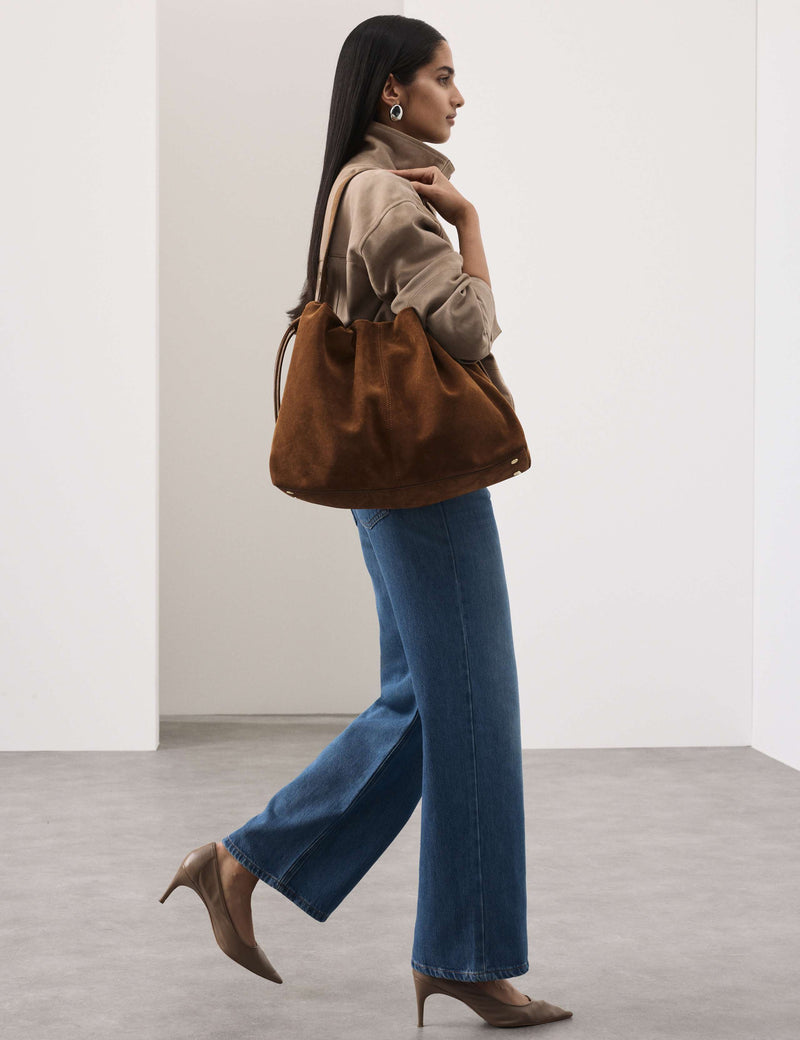 Autograph suede shoulder bag with drawstring sides - British product