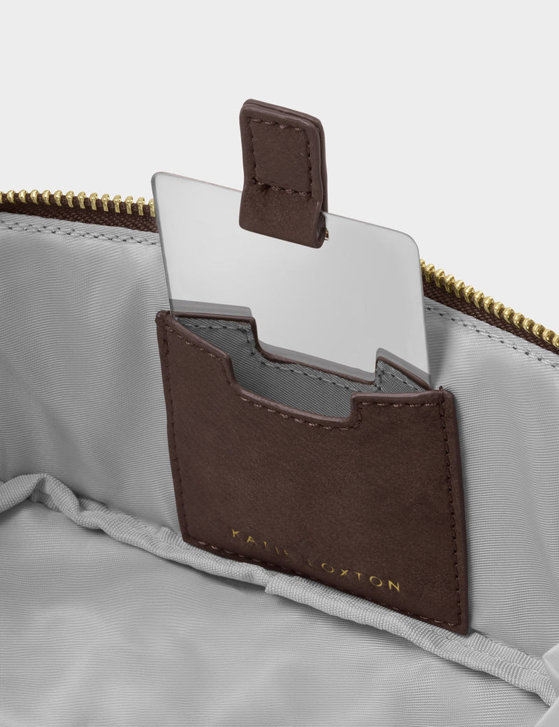 Katie Loxton suede fold-out mirror makeup bag, imported from the UK