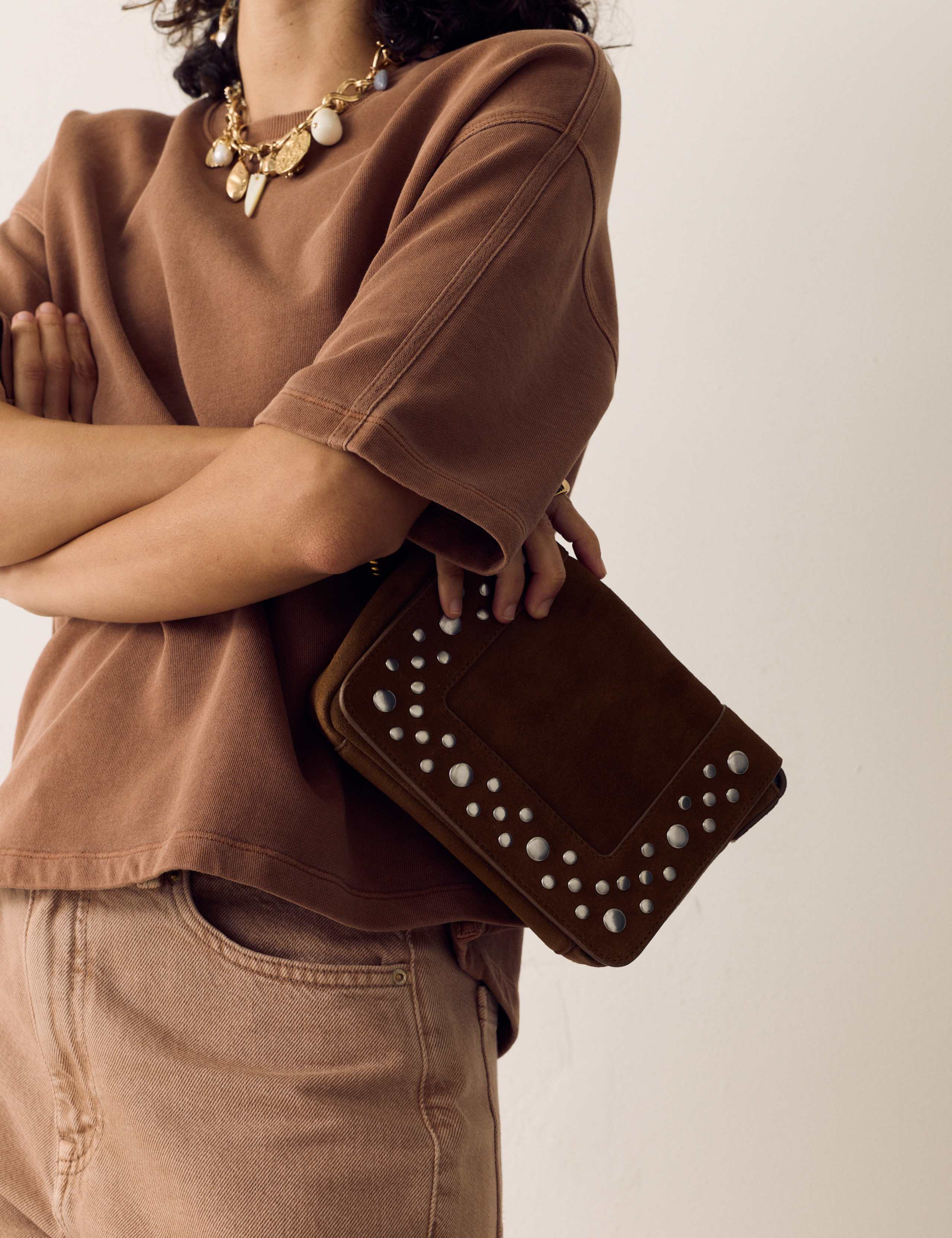 Per Una suede studded crossbody bag, UK version