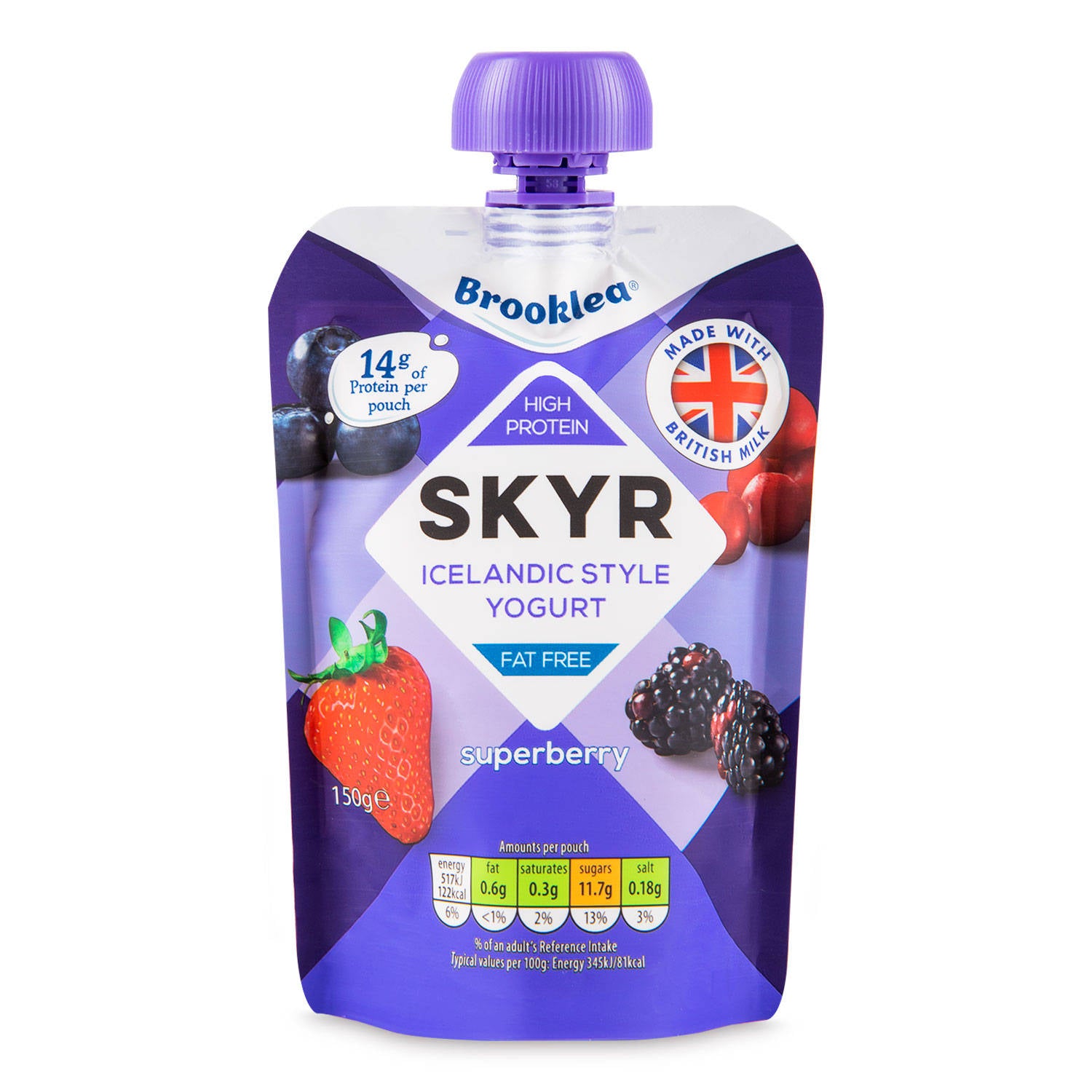 Skyr yogurt pouch 150g with superberry flavour (British brand)