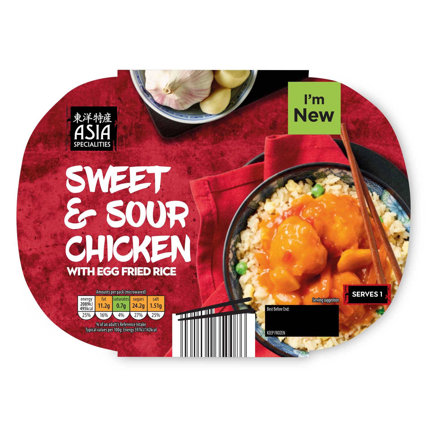 Sweet & Sour frozen ready meal with egg fried rice - British product