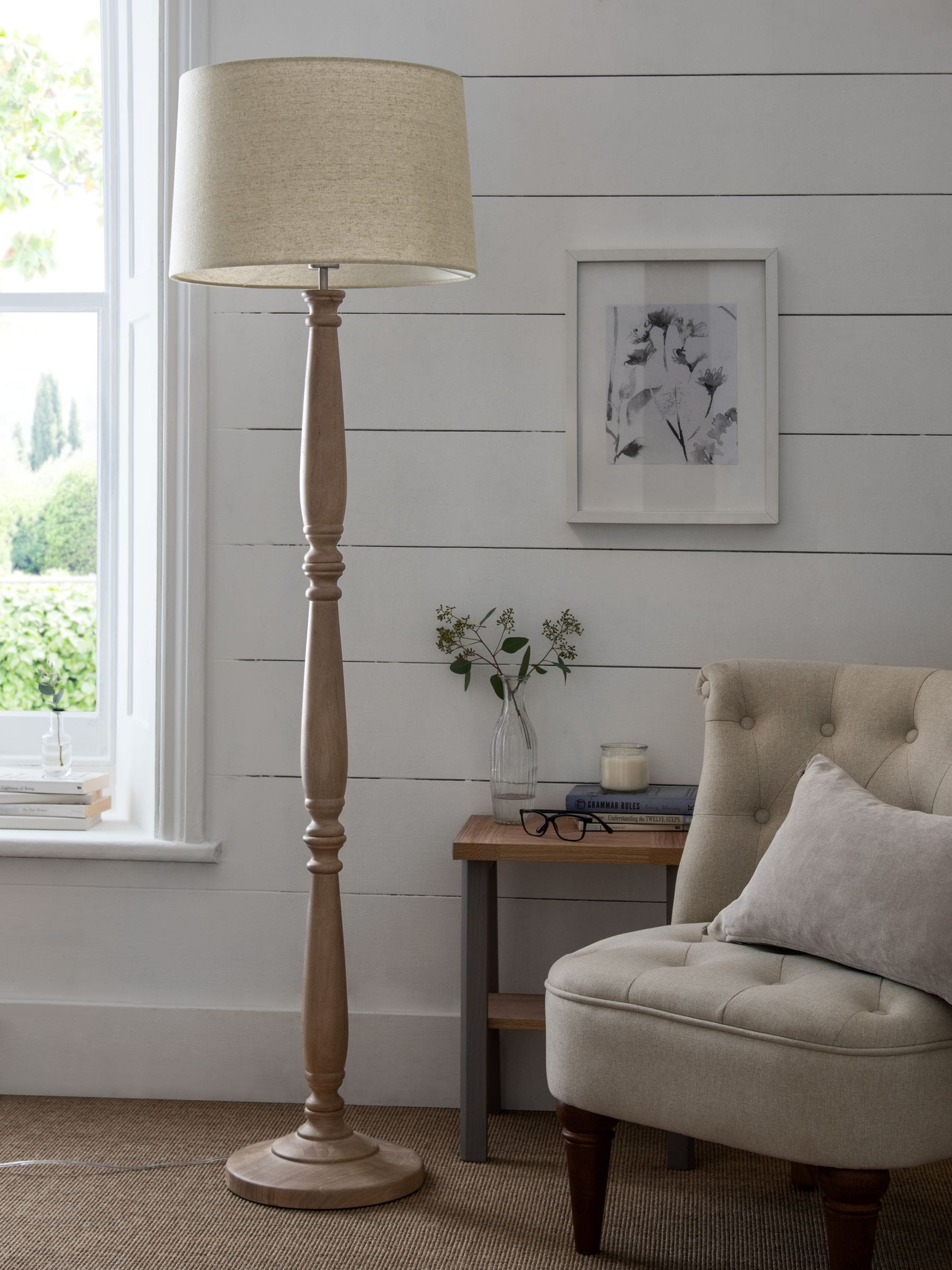 Clifton natural wood floor lamp with fabric shade (British brand)