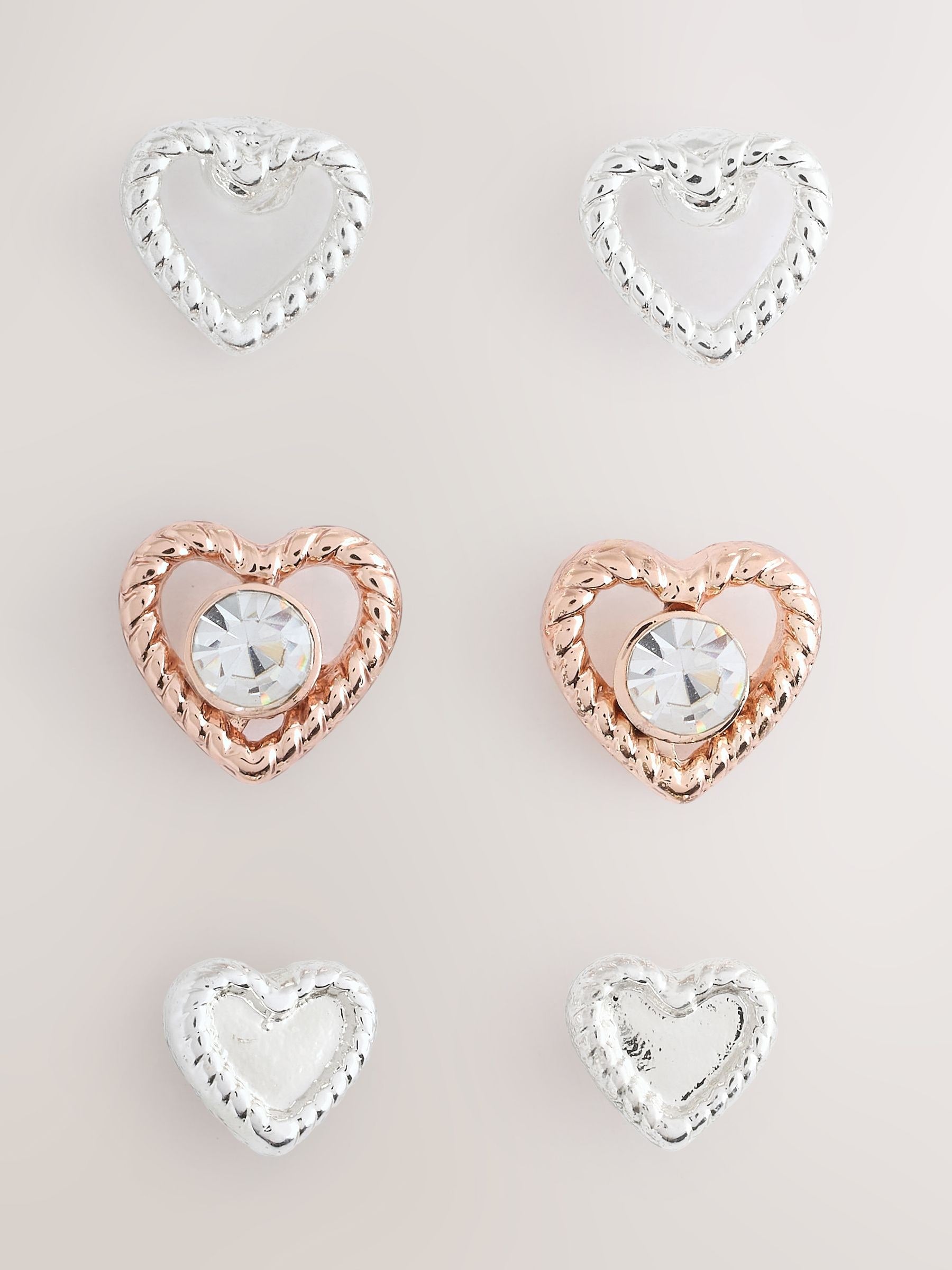 Rose gold and silver heart stud earrings, 3 pack imported from UK