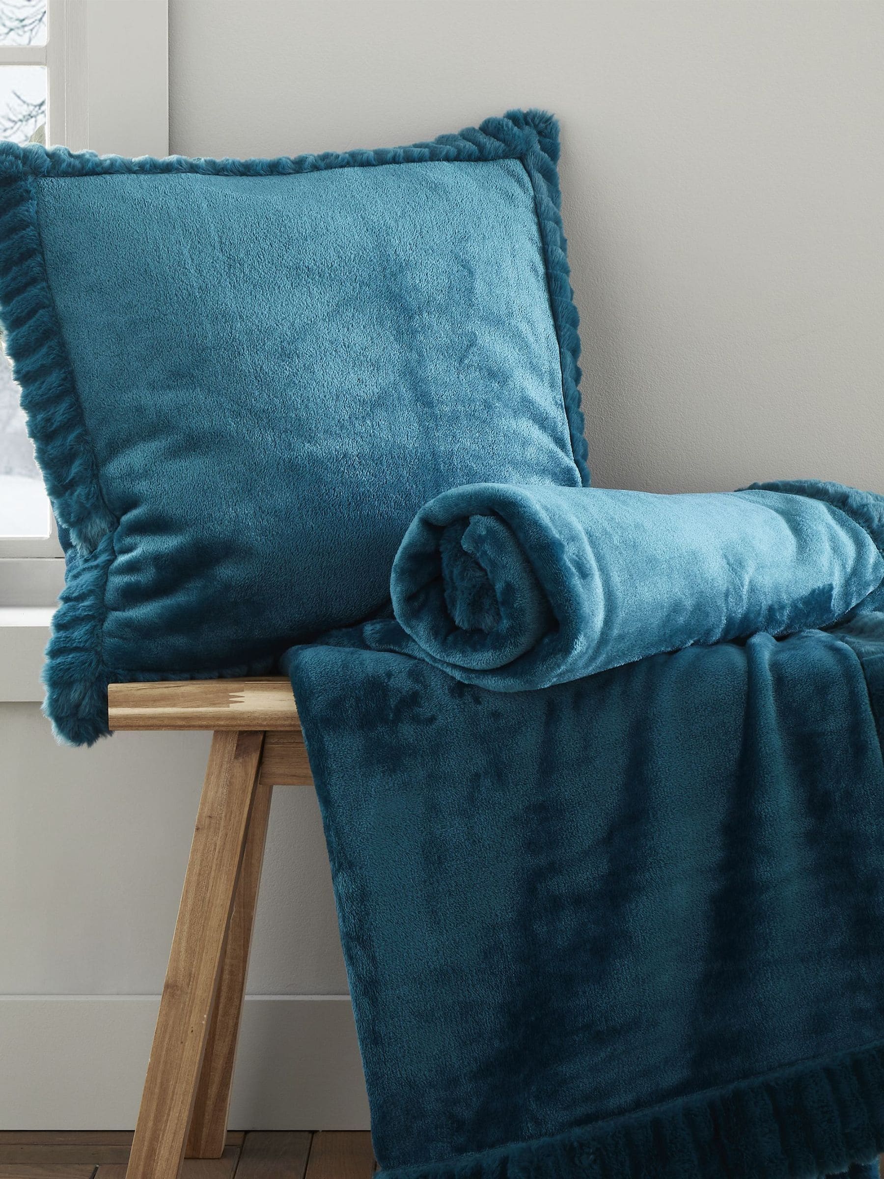 Catherine Lansfield teal blue velvet and faux fur cushion 55x55cm - British product