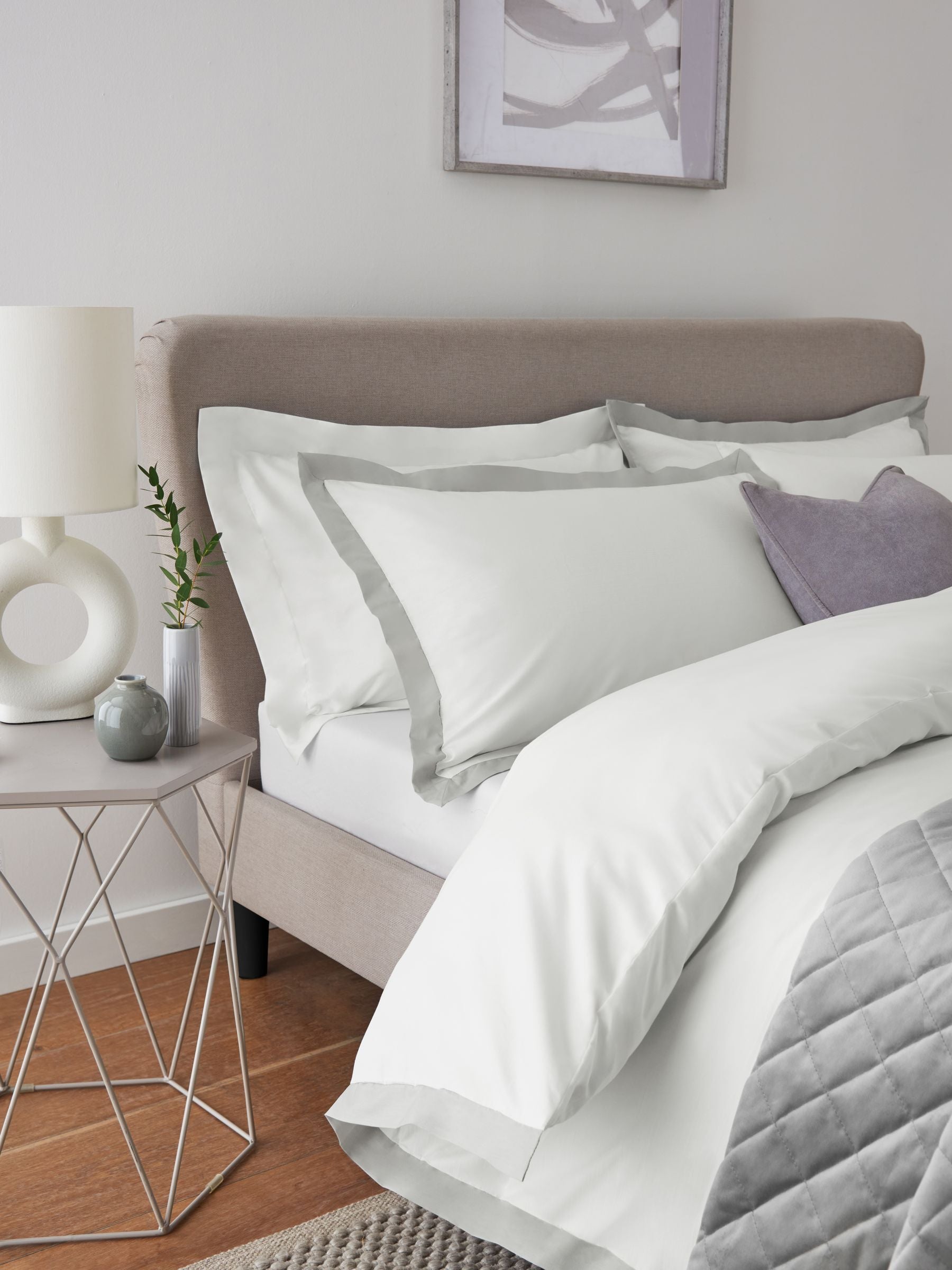 White and silver cotton rich duvet cover and pillowcase set (British brand)