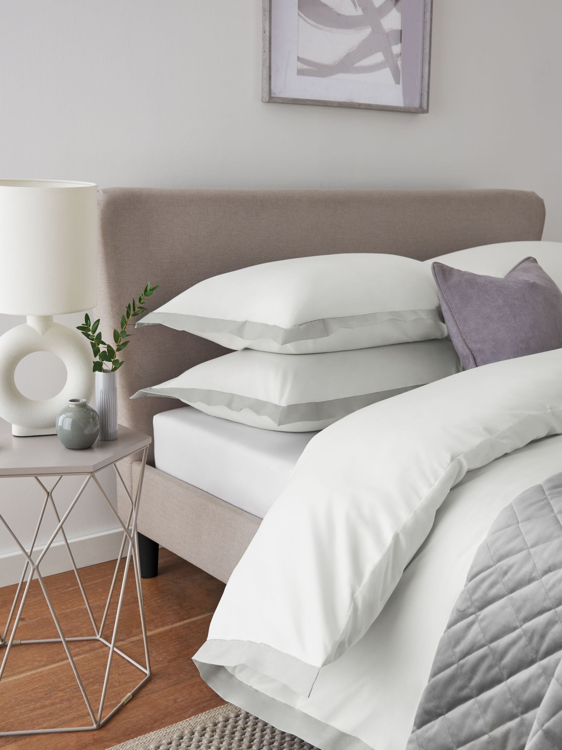 White/Silver Cotton Rich Oxford Duvet Cover and Pillowcase Set