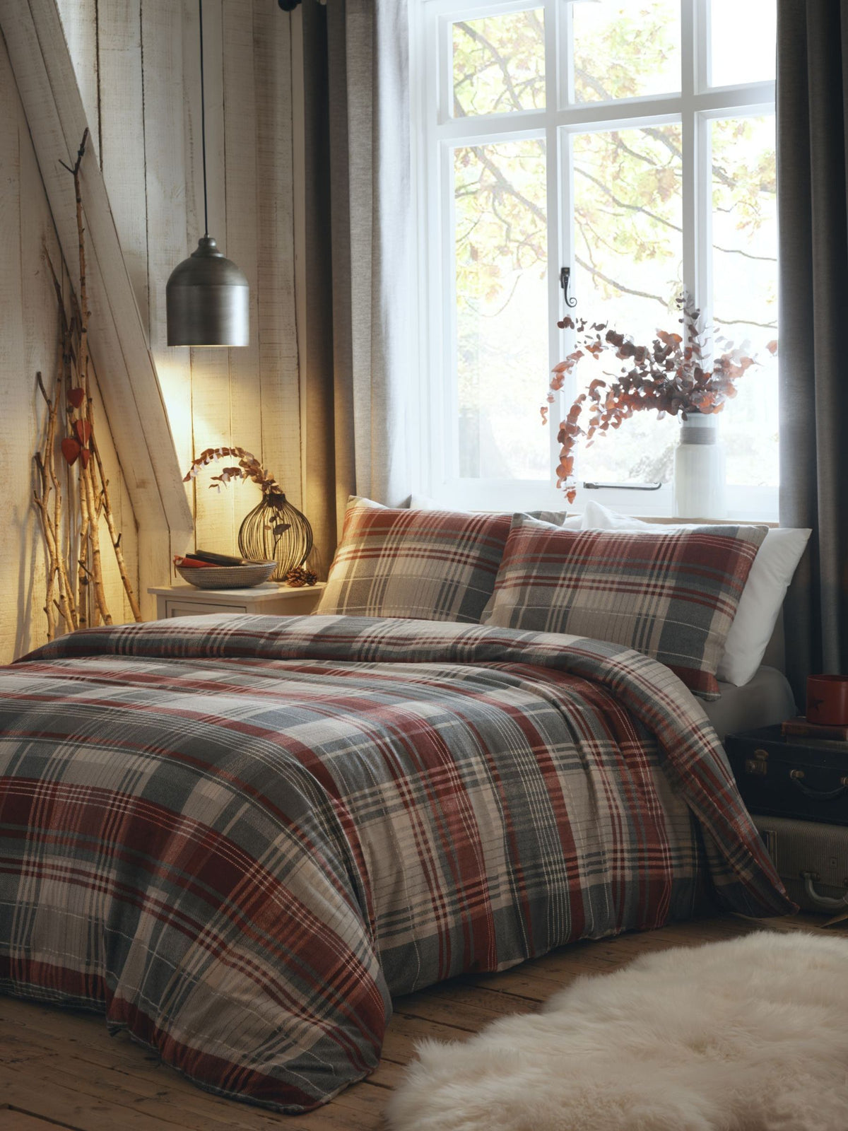Appletree Connolly Check Brushed Red duvet cover and pillowcase set - British product