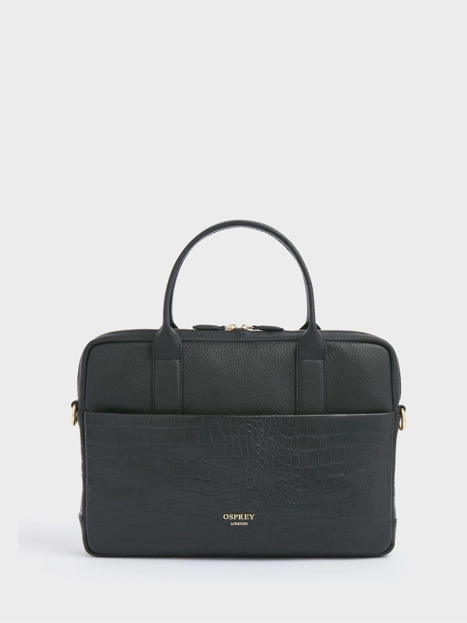 Osprey London schwarze Kellie Laptoptasche aus Leder mit Krokoprägung - Britisches Produkt