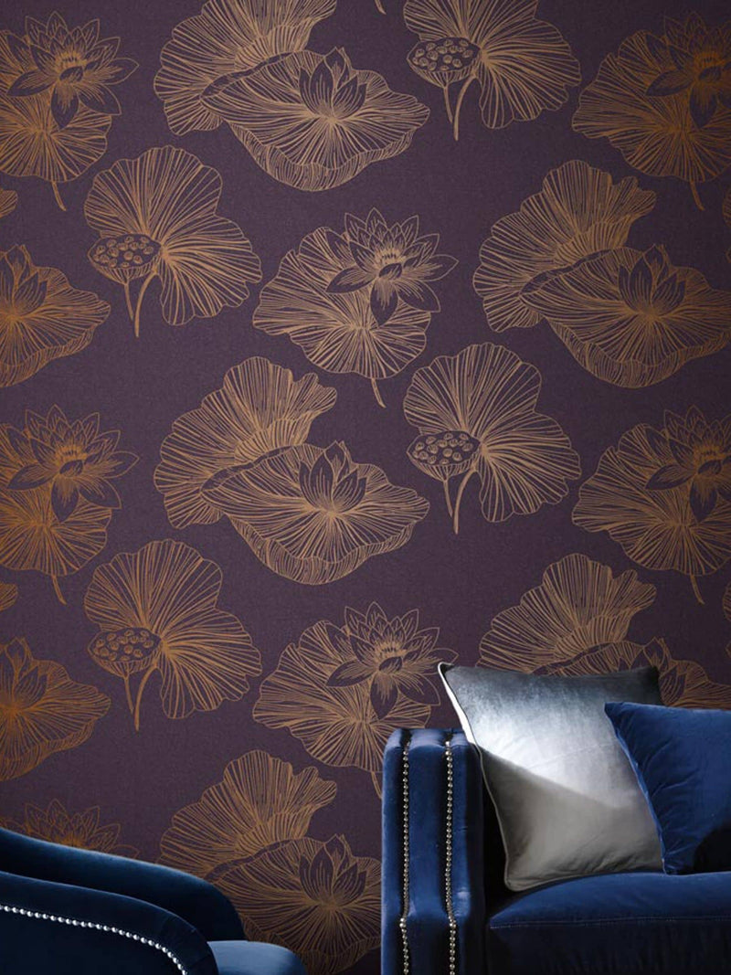 Graham & Brown Plum Purple Lotus Floral wallpaper sample, imported from the UK