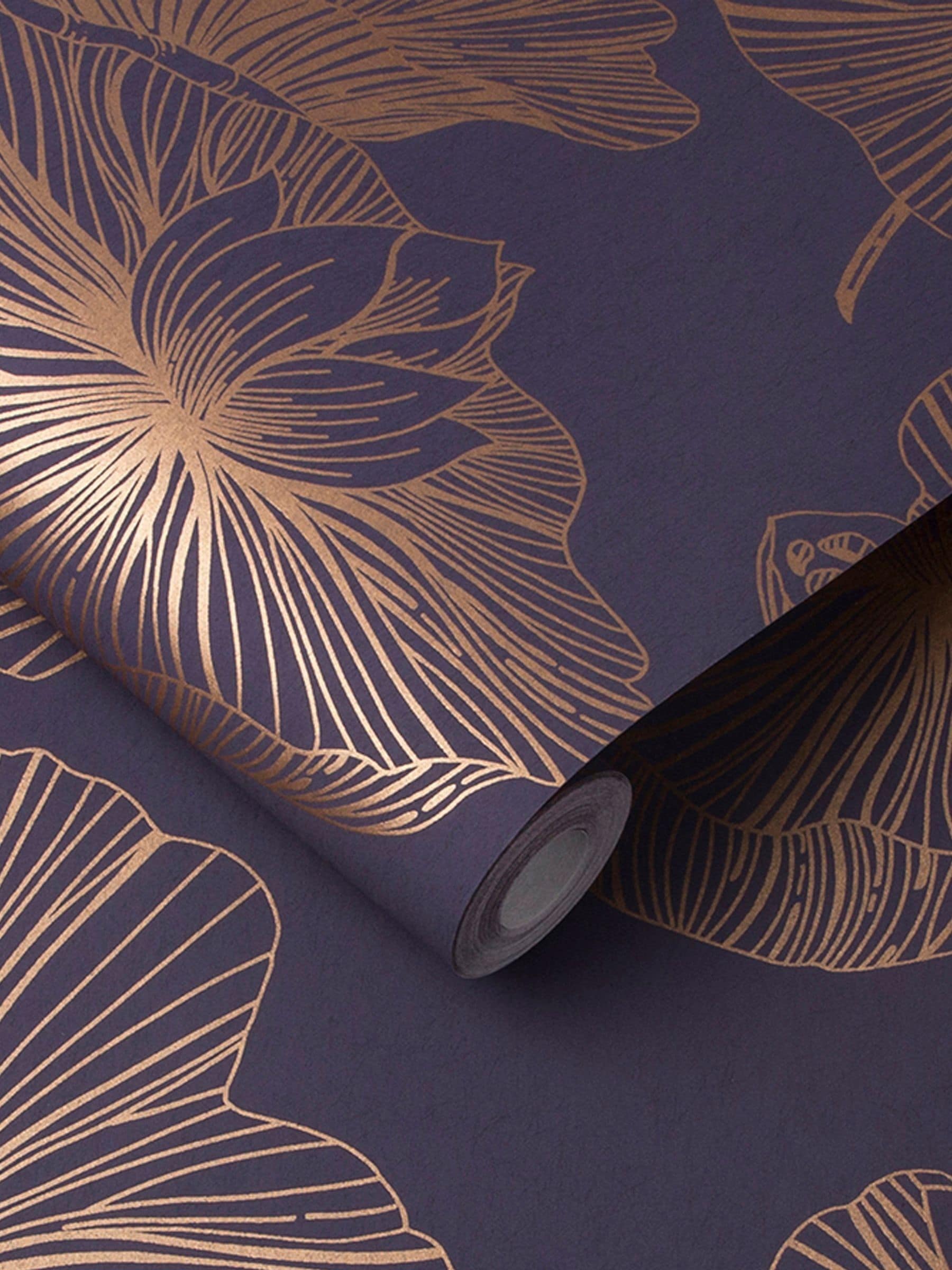 Graham & Brown Plum Purple Lotus Floral wallpaper sample, imported from the UK