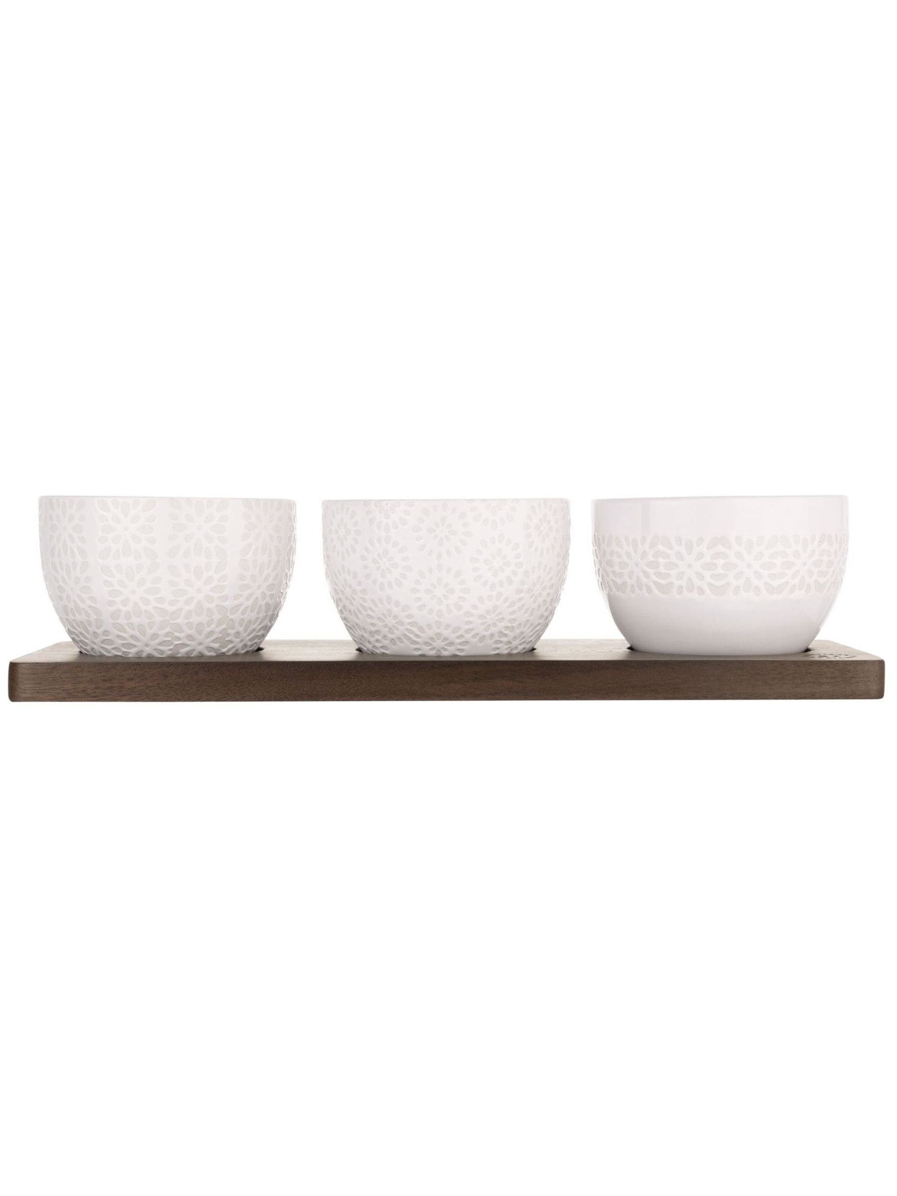 Artisan Street white nibble bowls set of 3 on acacia wood board - British product