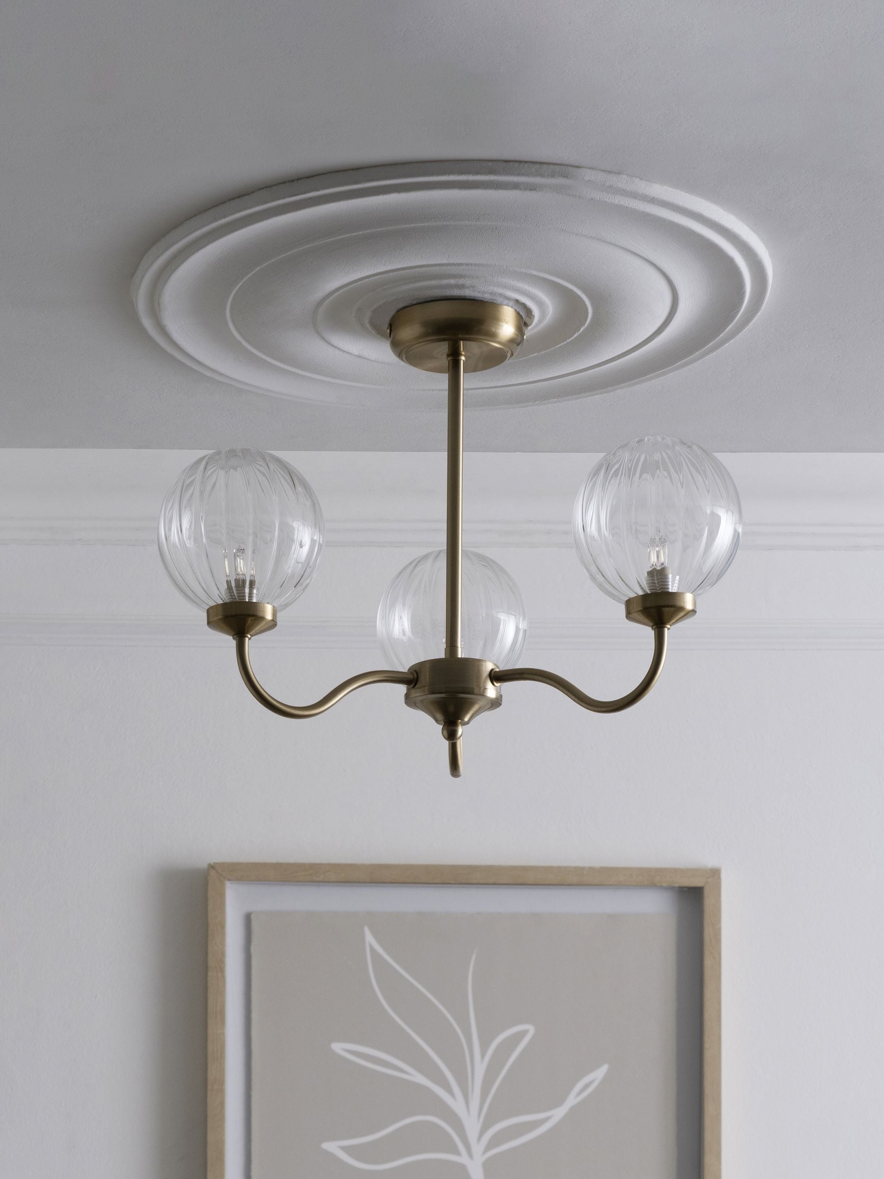 Brass Bourton flush ceiling light with 3 glass shades, imported from the UK