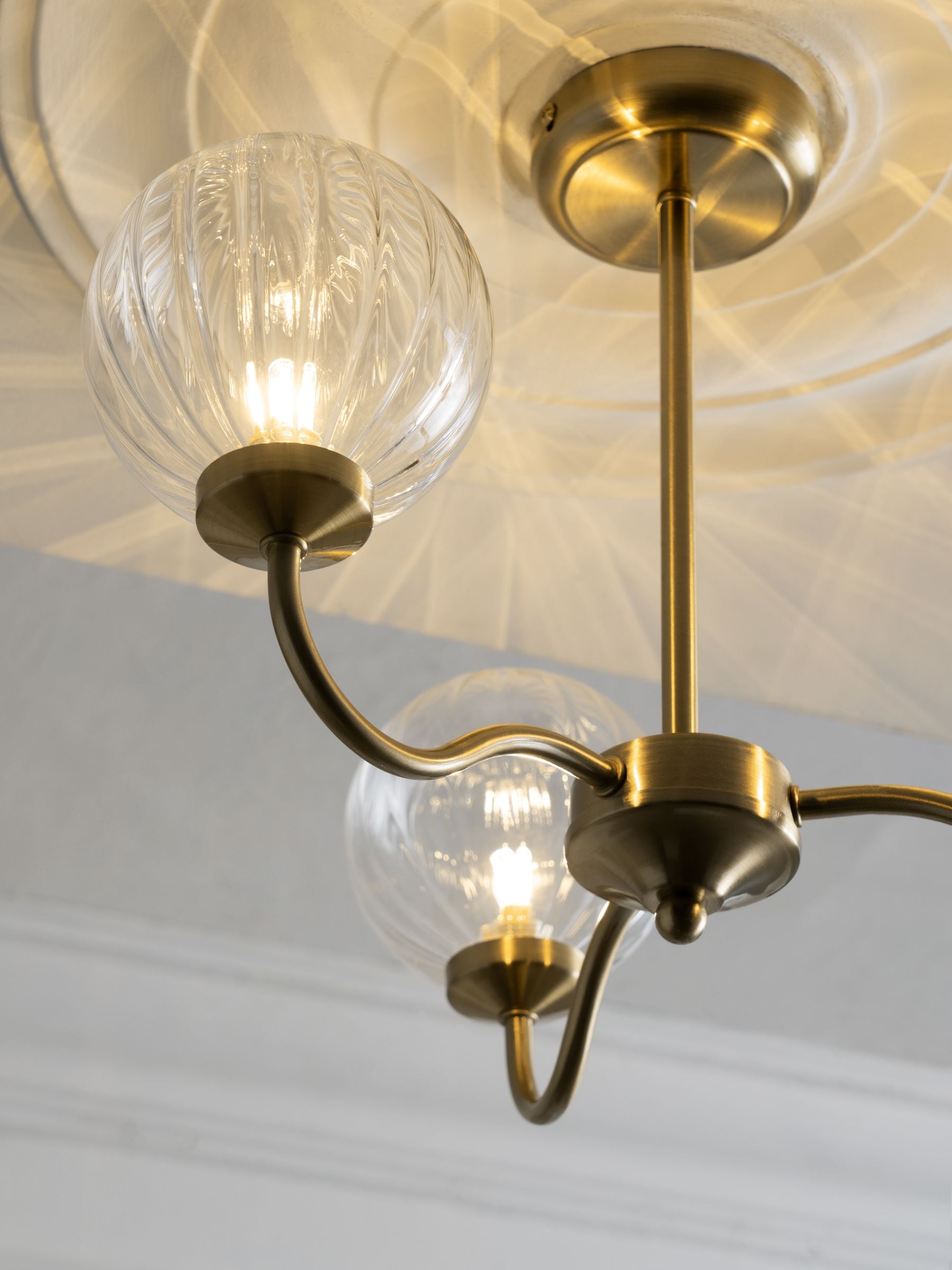 Brass Bourton flush ceiling light with 3 glass shades, imported from the UK