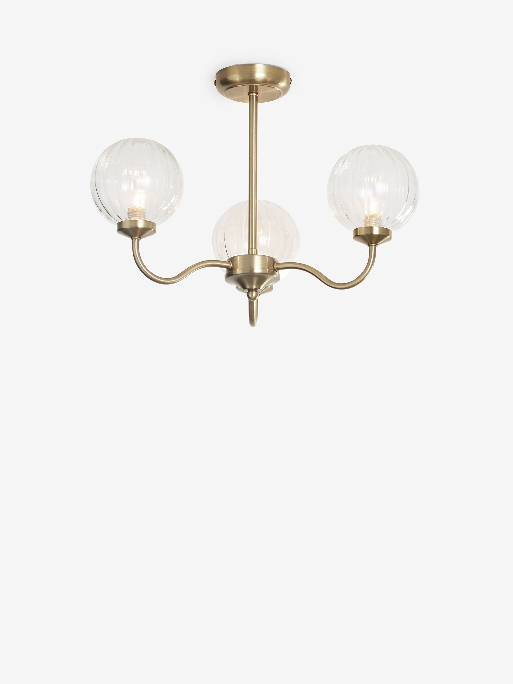 Brass Bourton flush ceiling light with 3 glass shades, imported from the UK