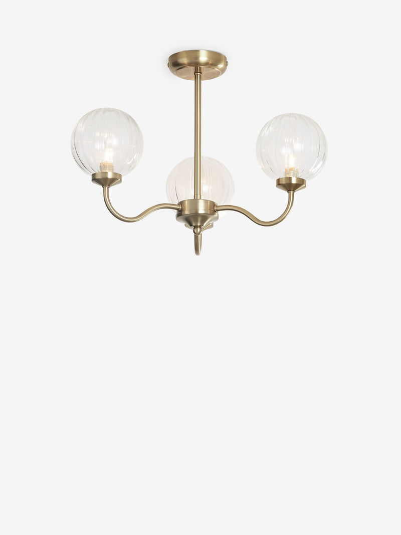 Brass Bourton flush ceiling light with 3 glass shades, imported from the UK