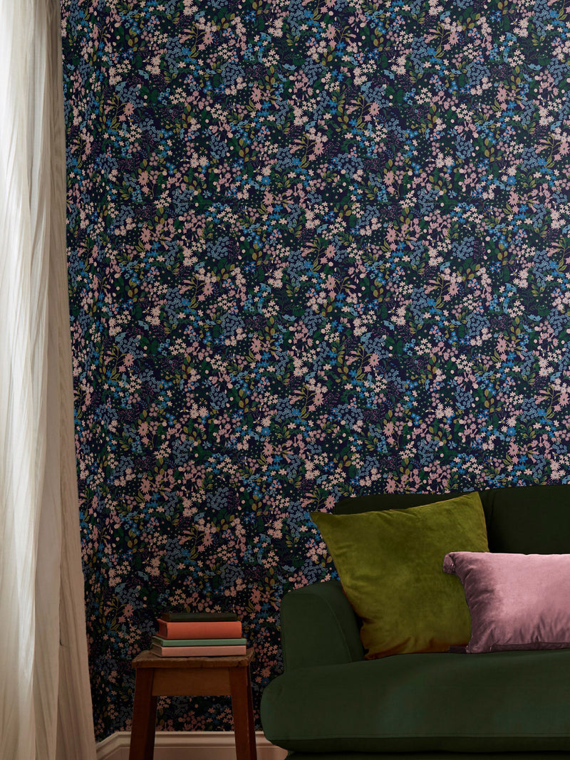 Joules ditsy floral wallpaper in navy and garden greens (British brand)