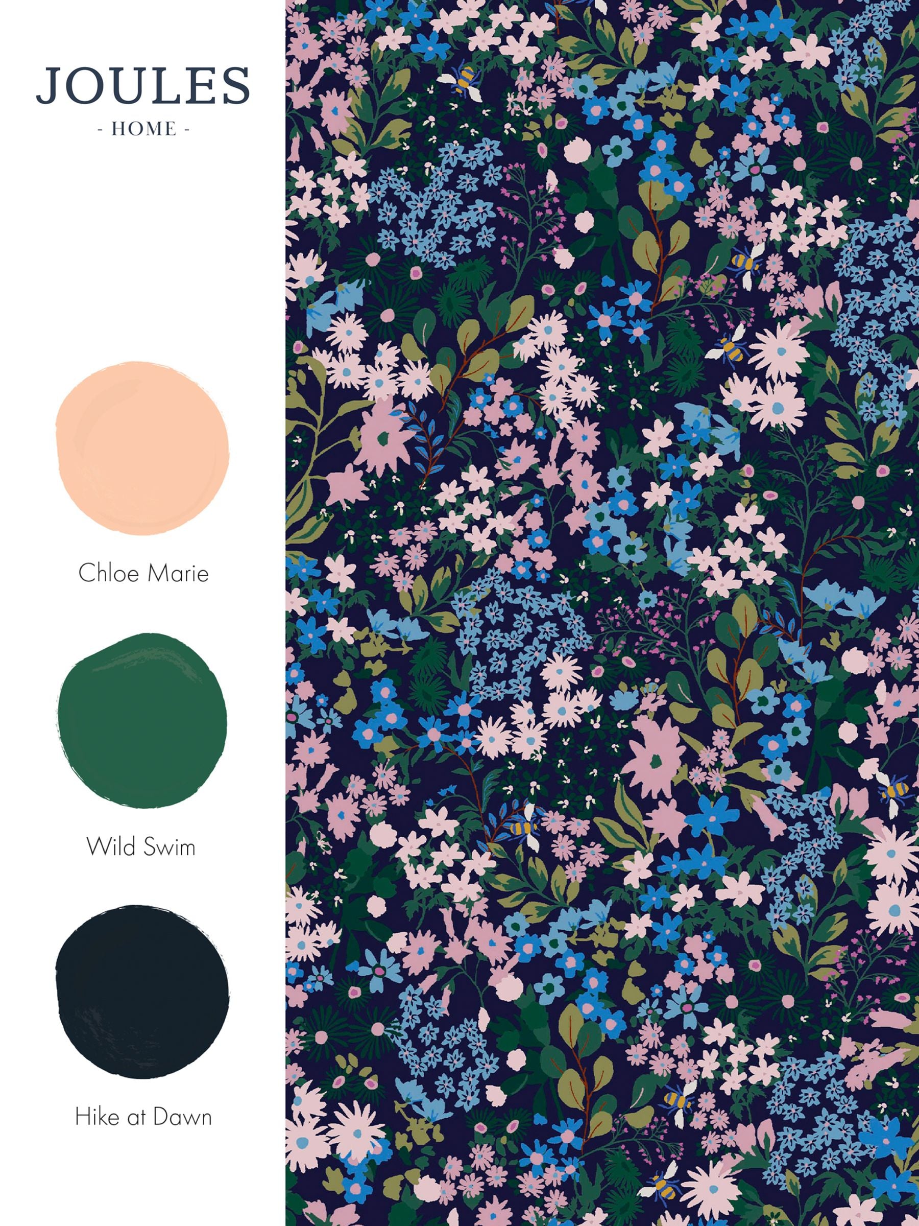 Joules ditsy floral wallpaper in navy and garden greens (British brand)