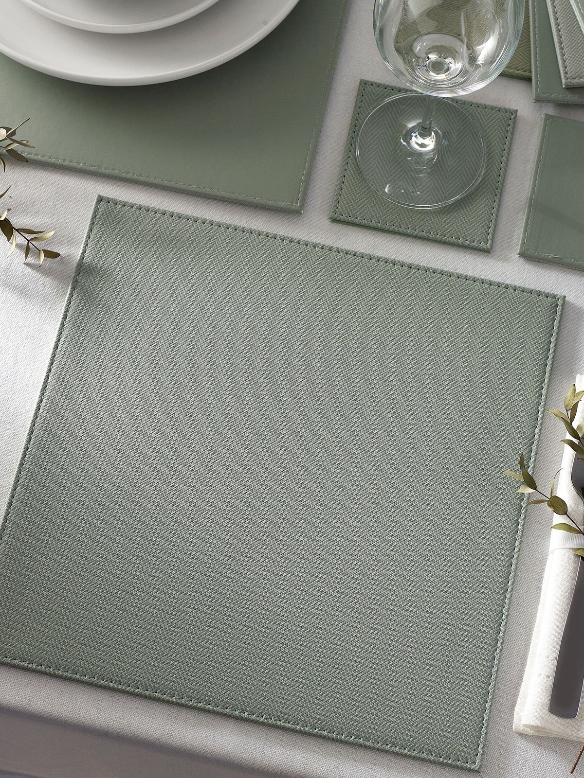 Sage green reversible faux leather placemats and coasters set of 4 (British brand)