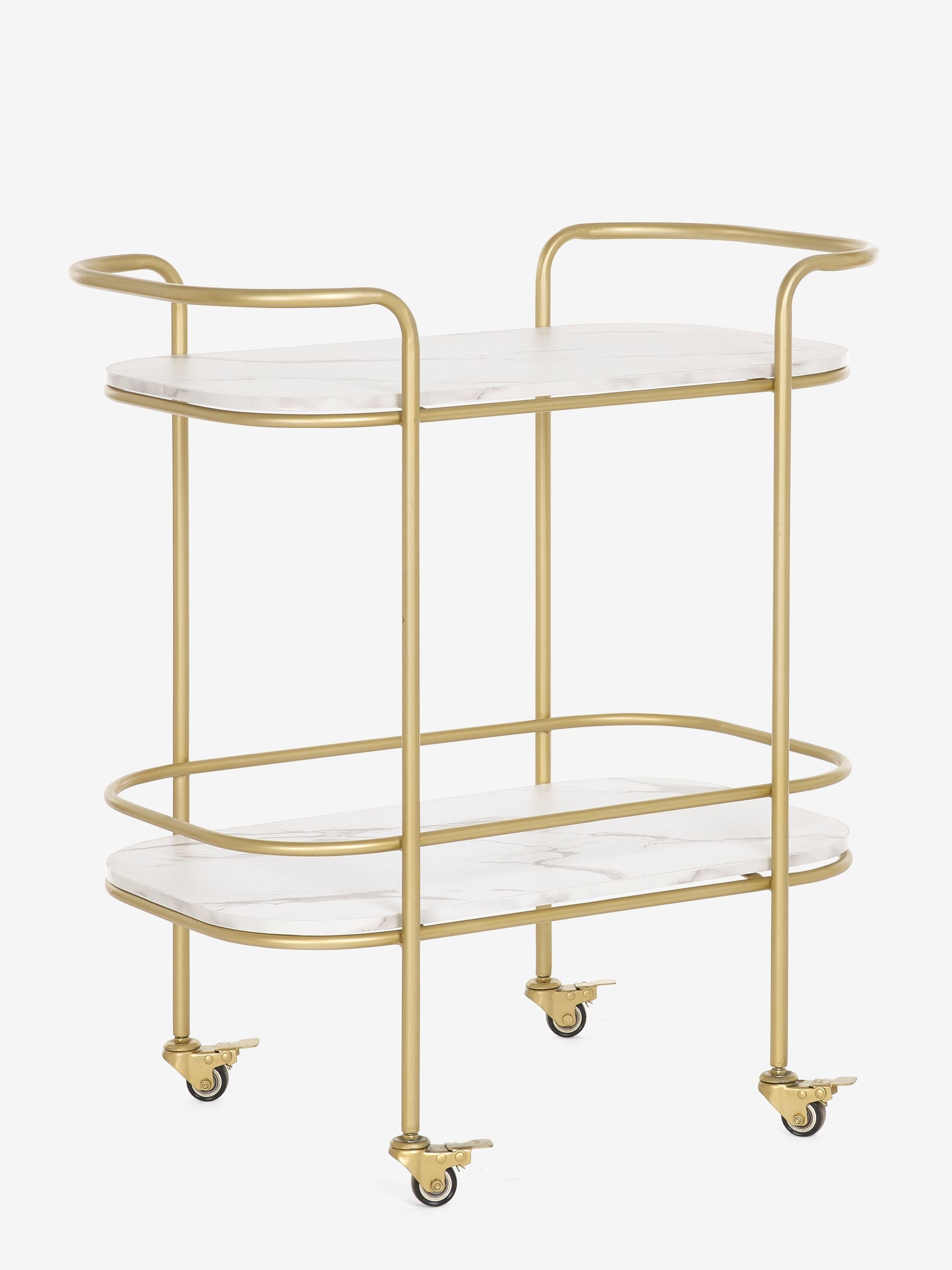 Gold Valencia bar trolley with marble shelves (British brand)