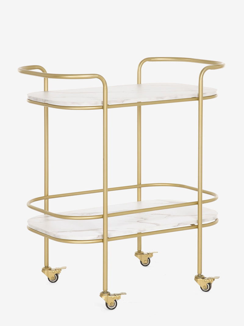 Gold Valencia bar trolley with marble shelves (British brand)