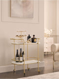 Gold Valencia bar trolley with marble shelves (British brand)