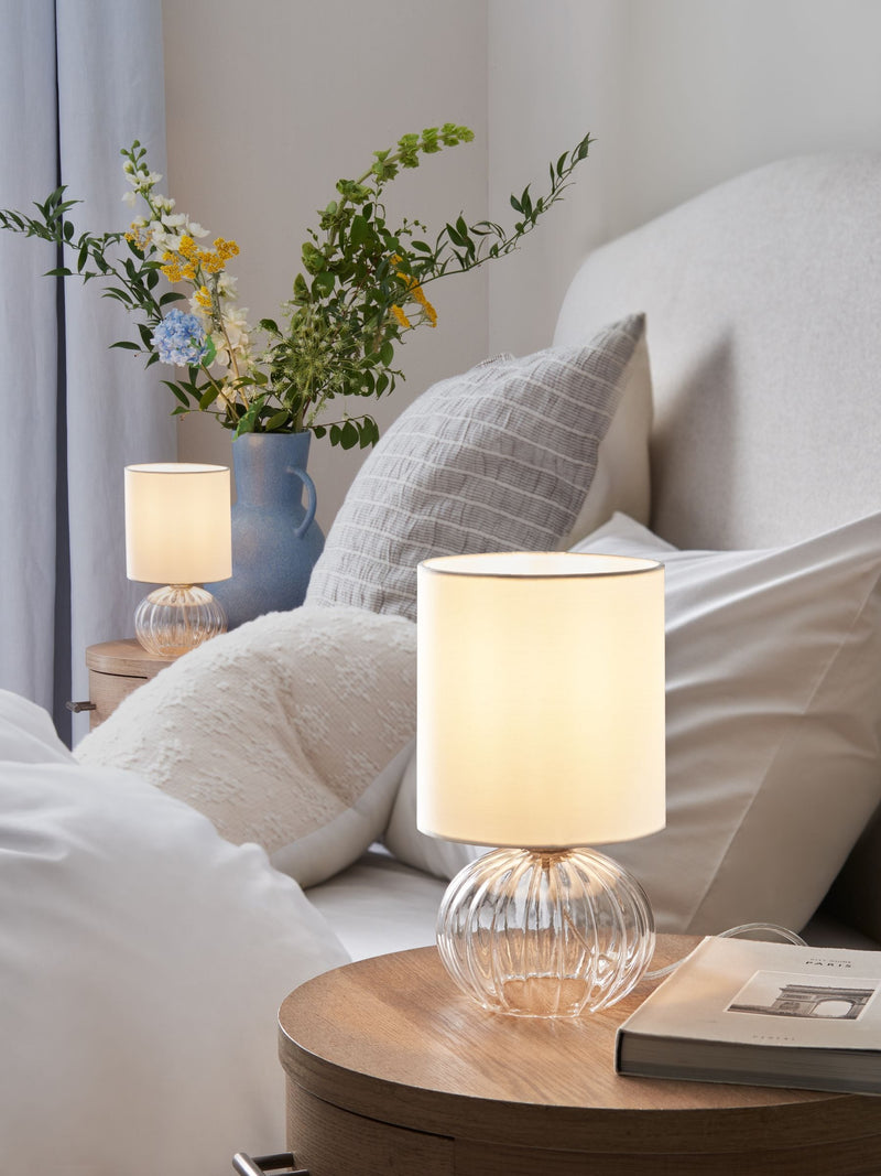 Bourton bedside table lamp ribbed glass base fabric shade UK version