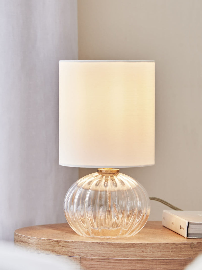 Bourton bedside table lamp ribbed glass base fabric shade UK version
