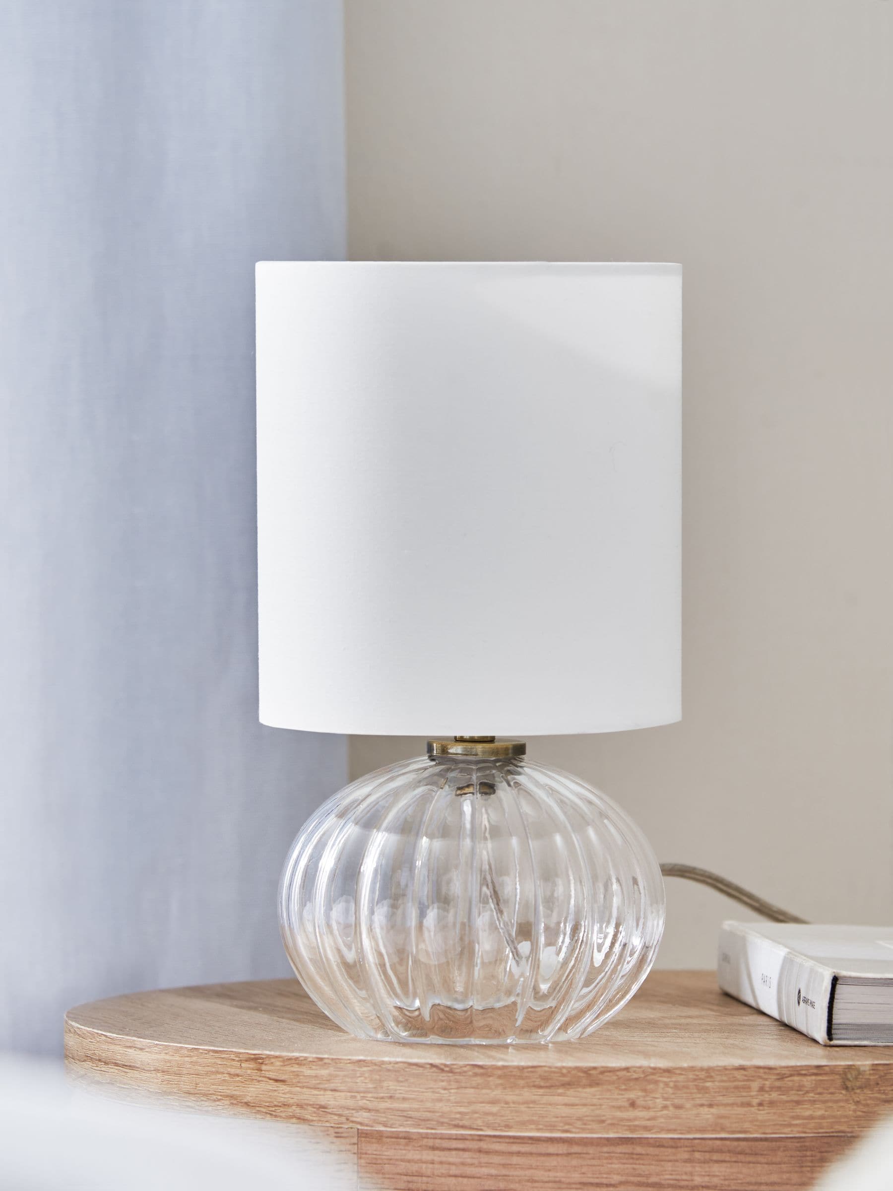 Bourton bedside table lamp ribbed glass base fabric shade UK version