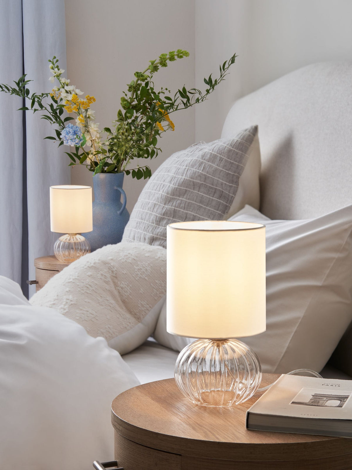 Bourton bedside table lamp ribbed glass base fabric shade UK version