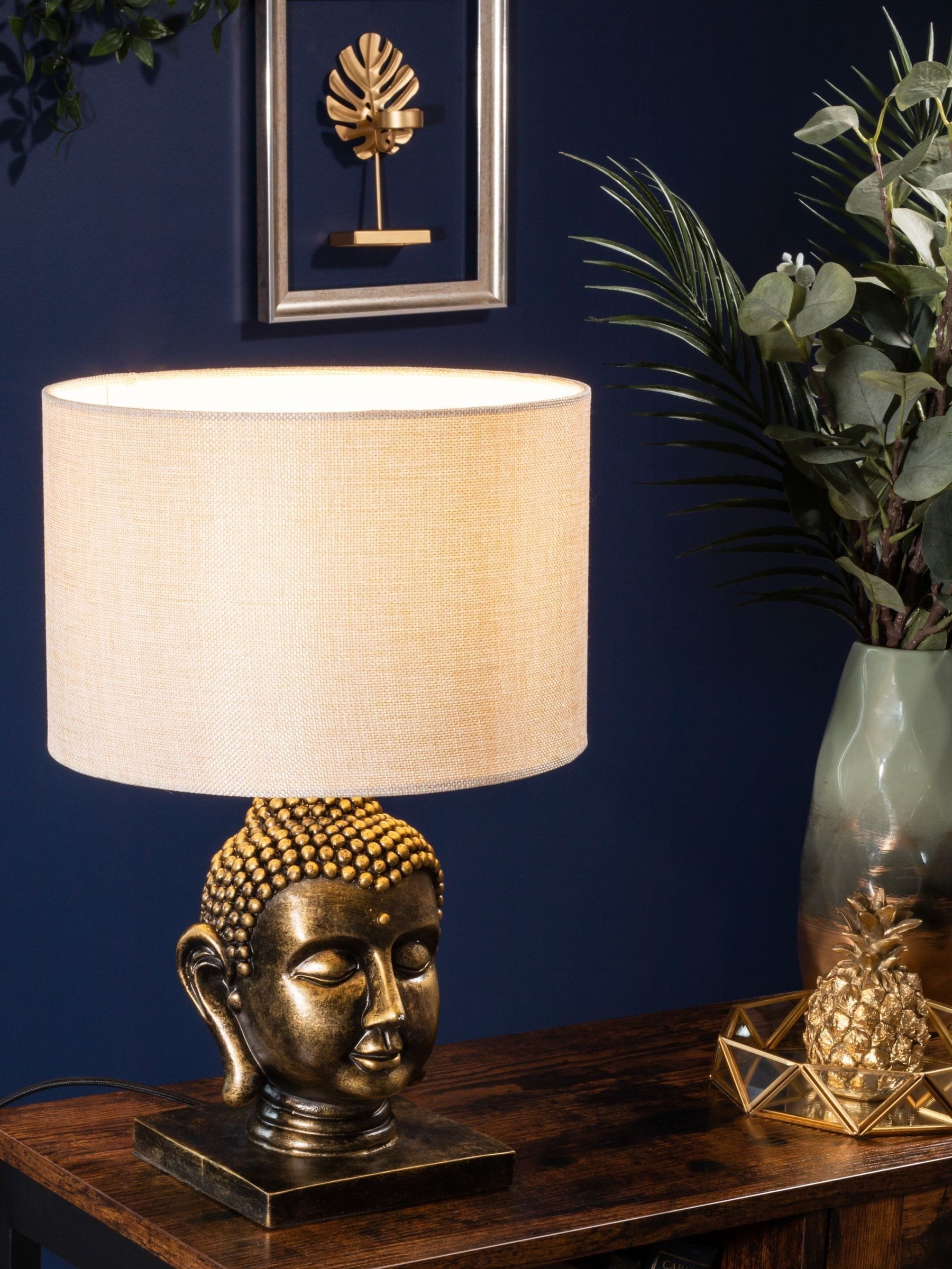BHS Gold Buddha table lamp with white shade - British product
