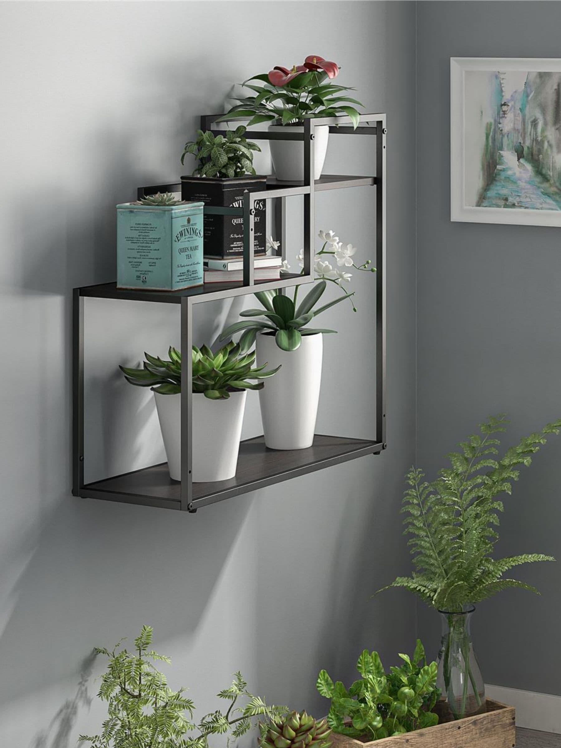 Novogratz green plant stand with metal shelves, imported from the UK
