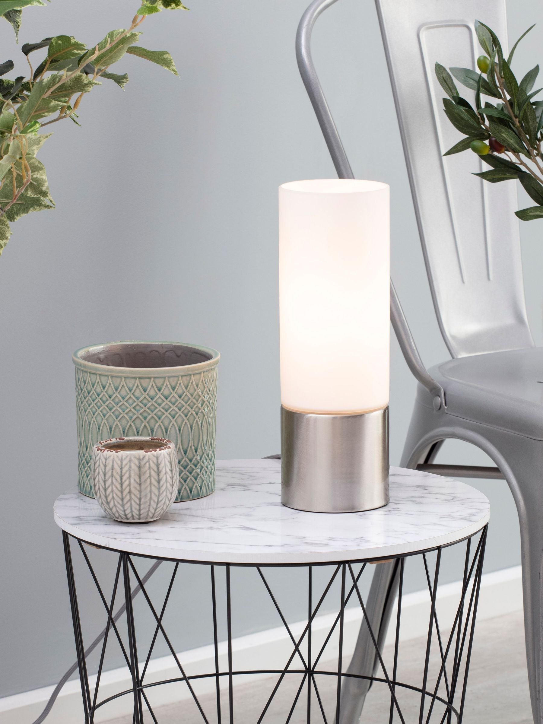 BHS silver cylinder touch lamp, imported from the UK