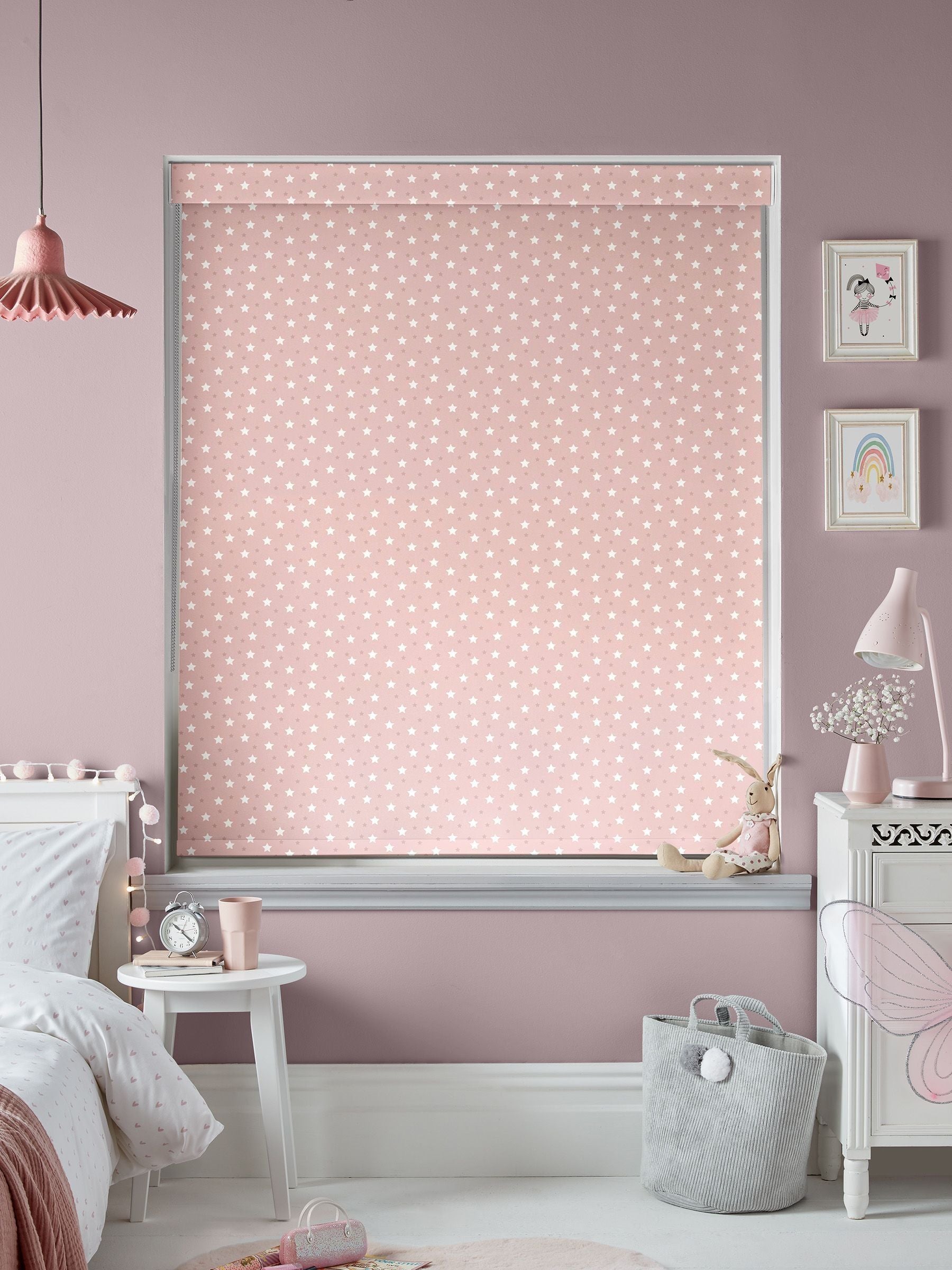 Blush pink ditsy stars roller blind, imported from the UK