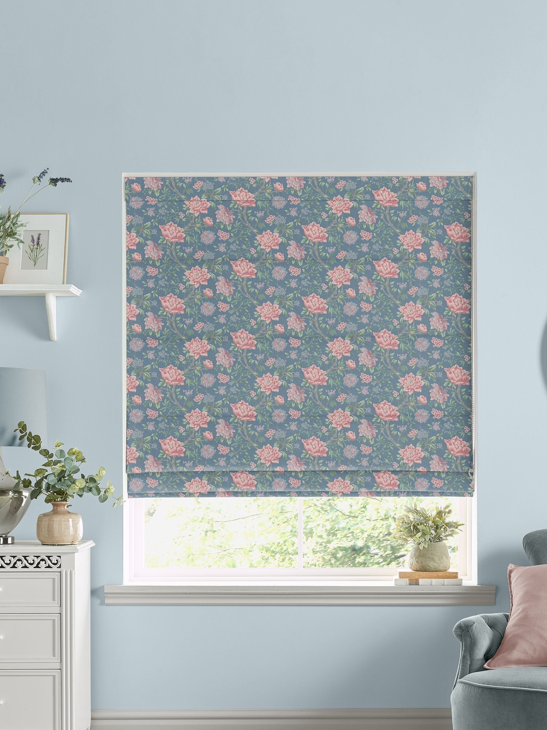 Laura Ashley blue tapestry floral fabric by the metre (British brand)