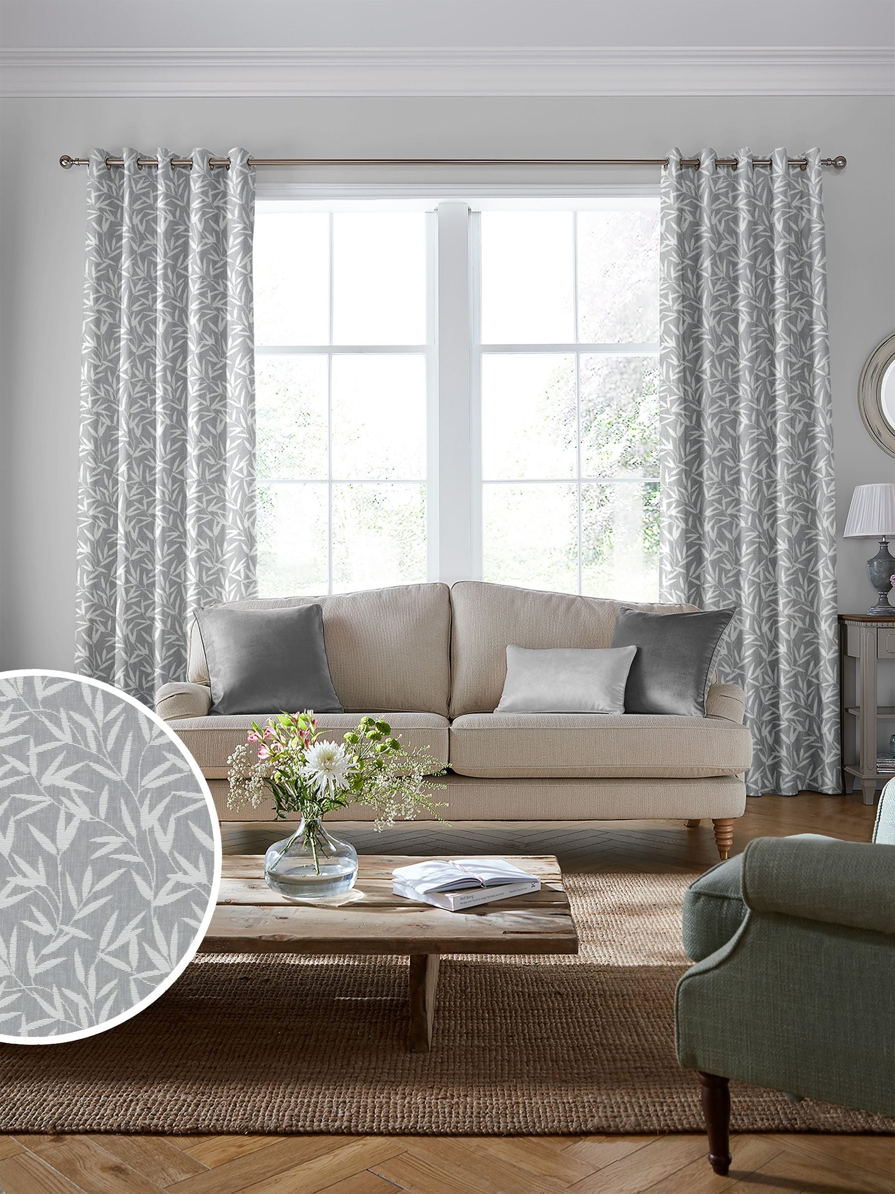 Laura Ashley Steel Grey Willow Leaf fabric by the metre (British brand)