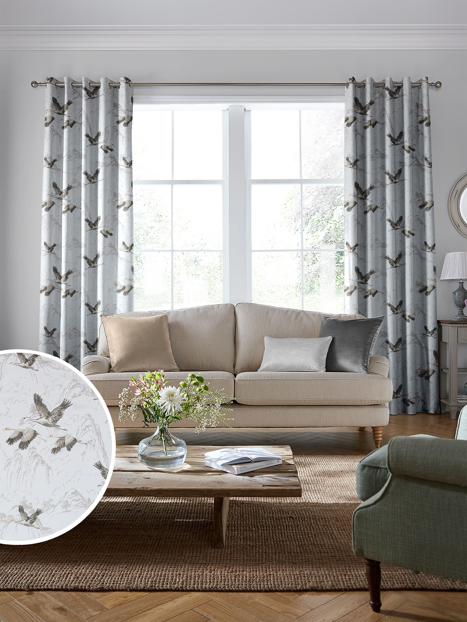 Laura Ashley silver grey Animalia embroidered fabric by the metre (British brand)