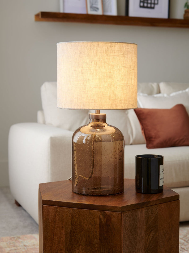 Table lamp brown bubbled glass base linen shade, imported from the UK