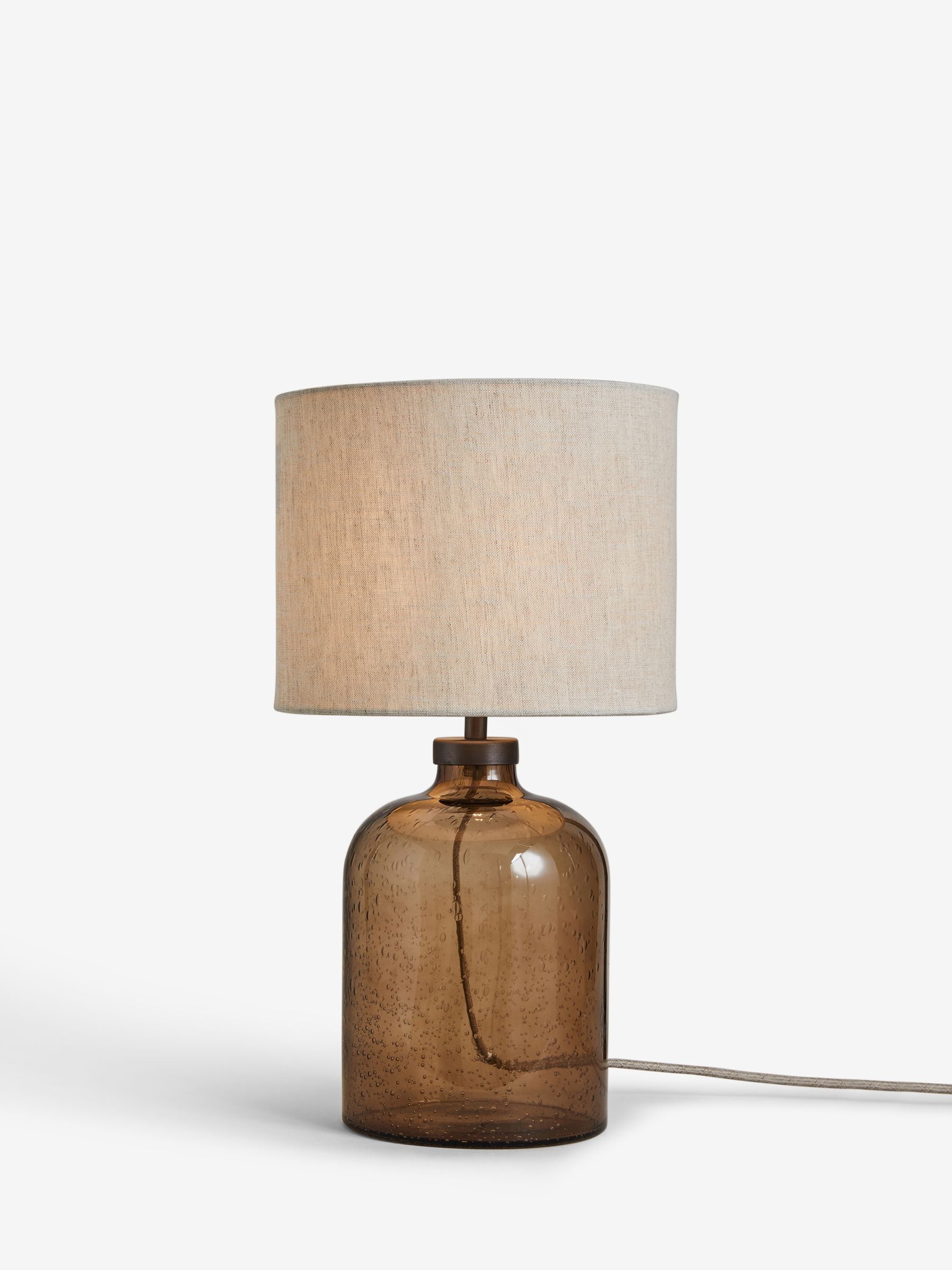 Table lamp brown bubbled glass base linen shade, imported from the UK