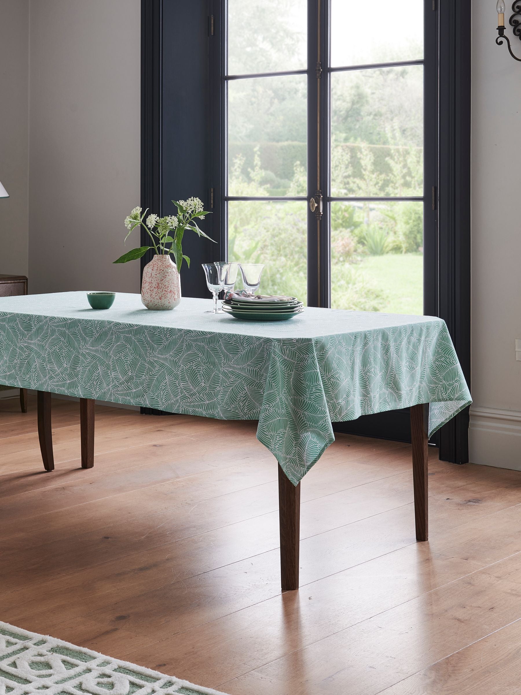 Nina Campbell green wipe-clean tablecloth, imported from the UK