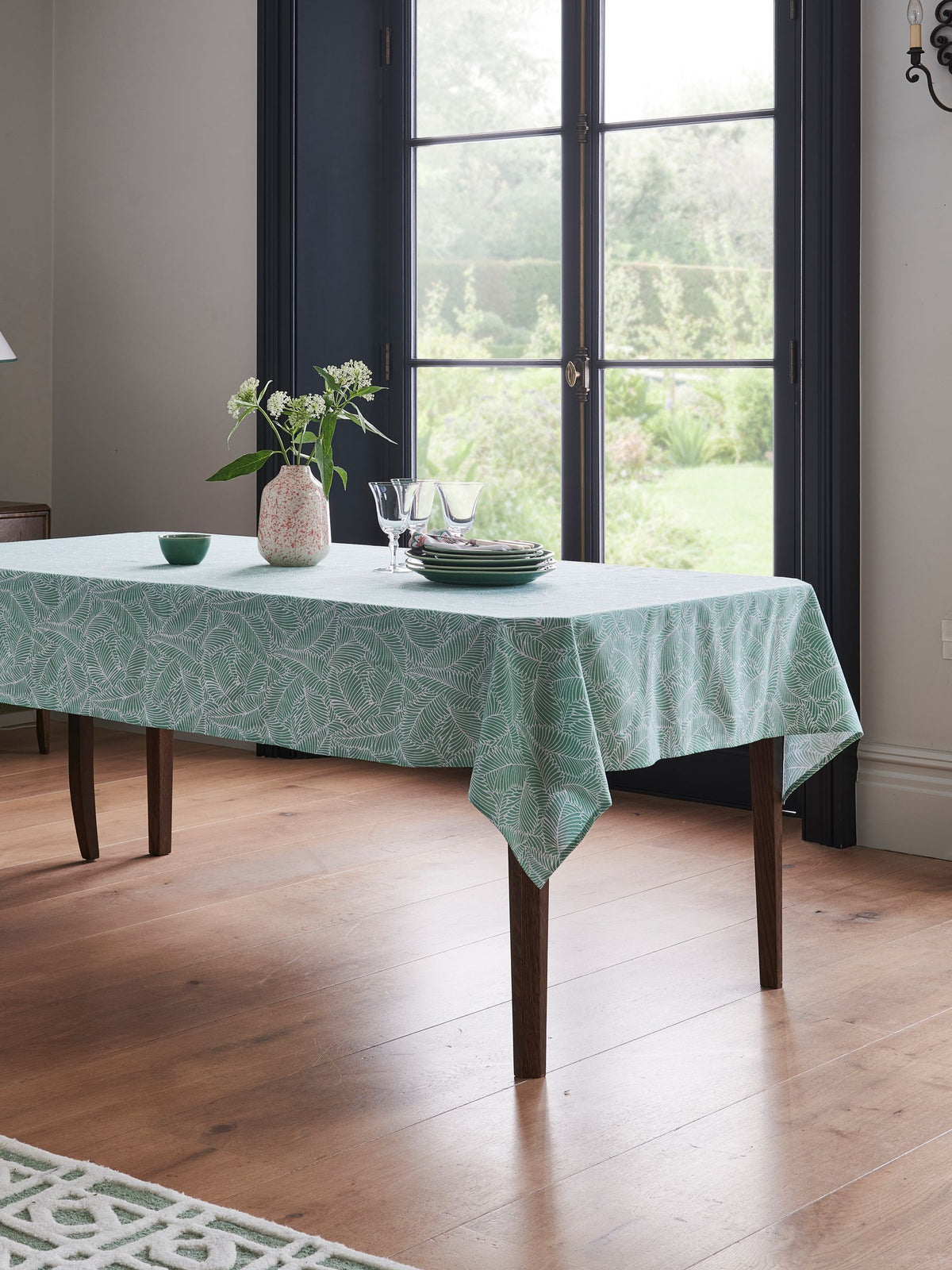 Nina Campbell green wipe-clean tablecloth, imported from the UK