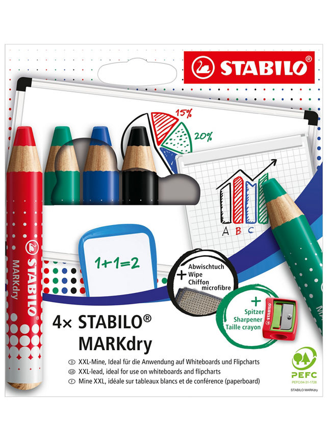 Stabilo MARKdry Markers - Assorted Colours 4pk with sharpener & cloth