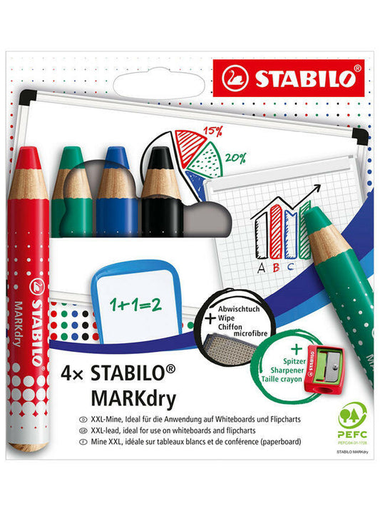 Stabilo MARKdry Markers - Assorted Colours 4pk with sharpener & cloth
