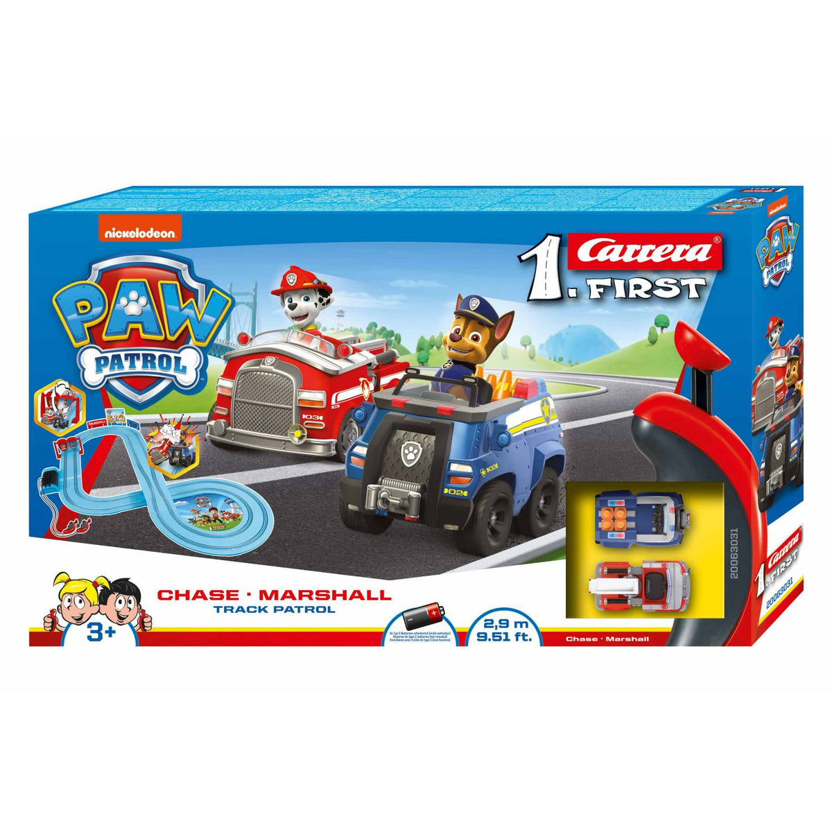 Paw Patrol Carrera slot track set featuring Chase and Marshall, imported from the UK