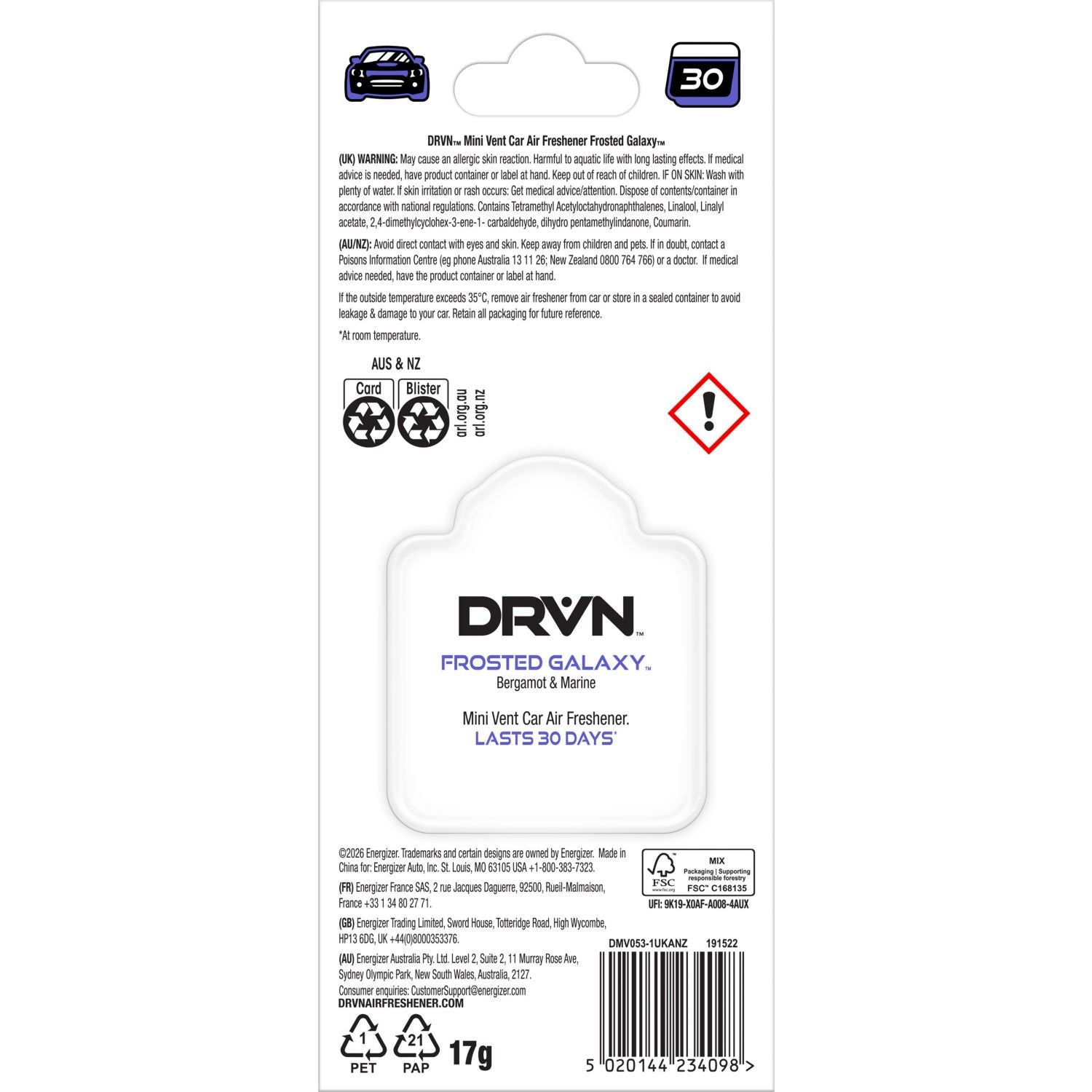 DRVN Frosted Galaxy car air freshener, hanging disc (British brand)