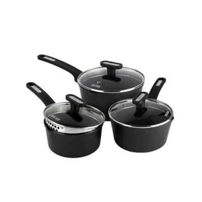 Dojo Kai 3 piece saucepan set with strainer lids - British product