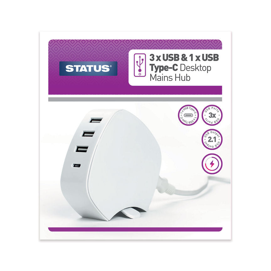 Status 3 x USB & 1 X USB Type C Desktop Mains Hub White GOODS ASDA   