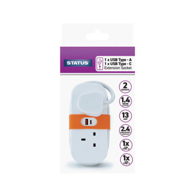 ASDA Status Extension Socket with 2 Sockets, USB and USB-C 1.4m Lead- Buy online at McGrocer
